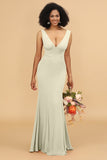 Mermaid V-neck Open Back Long Chiffon Bridesmaid Dress With Ruffles