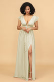 A Line Deep V-Neck Long Chiffon Bridesmaid Dress with Slit