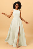 A Line High Neck Pleated Long Chiffon Bridesmaid Dress with Ruffles