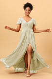 A-Line V Neck Ruched Long Chiffon Bridesmaid Dress with Slit