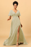 A Line V-Neck Long Chiffon Bridesmaid Dress with Slit