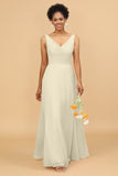 A Line V Neck Backless Chiffon Long Bridesmaid Dress