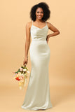 Mermaid Cowl Neckline Spaghetti Straps Long Satin Bridesmaid Dress