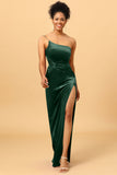 Mermaid One Shoulder Long Velvet Bridesmaid Dress with Slit