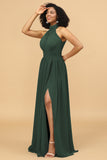 A Line Halter Ruched Floor Length Chiffon Bridesmaid Dress with Slit