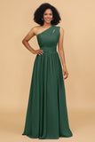 A Line One Shoulder Long Chiffon Bridesmaids Dress with Ruffles