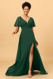 A Line V-Neck Long Chiffon Bridesmaid Dress with Slit