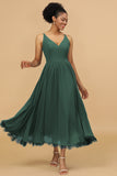 A Line Spaghetti Straps Long Chiffon Bridesmaid Dress with Ruffles