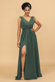 A Line Ruched V-Neck Sleeveless Chiffon Bridesmaid Dress with Slit