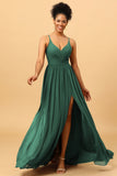 A-Line Spaghetti Straps Ruched Long Chiffon Bridesmaid Dress with Slit