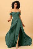 A Line Off the Shoulder Ruched Chiffon Bridesmaid Dress with Slit