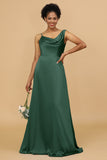 A Line Asymmetrical Neck Satin Floor Length Bridesmaid Dress