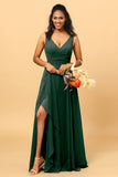 A Line V Neck Floor Length Chiffon Bridesmaid Dress With Slit