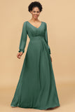 Long Sleeves V-Neck Chiffon Bridesmaid Dress with Bowknot