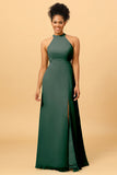 Sheath Halter Floor Length Open Back Chiffon Bridesmaid Dress with Slit