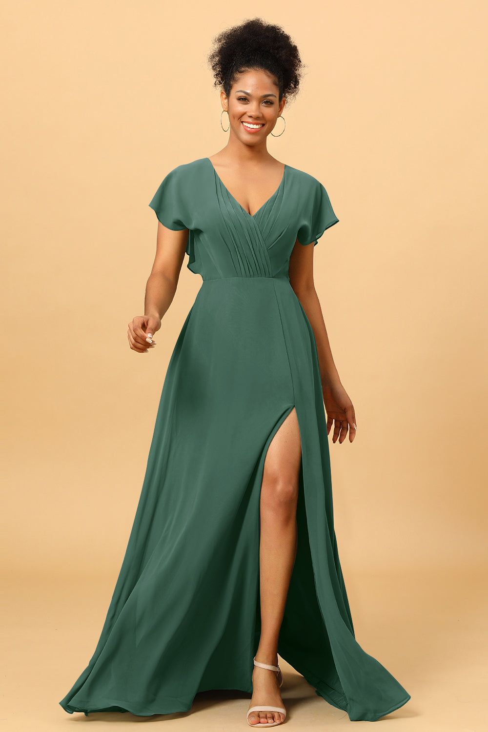 Wedtrend Women Bridesmaids A Line V-Neck Ruched Long Chiffon Bridesmaid Dress with Slit, Dark Green Wedtrend Women Bridesmaids A Line V-Neck Ruched Long Chiffon Bridesmaid Dress with Slit, Dark Green