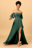 A Line Off the Shoulder Long Chiffon Bridesmaid Dress with Slit