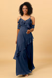 A Line Spaghetti Straps Long Chiffon Bridesmaid Dress with Ruffles