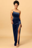 Mermaid One Shoulder Long Velvet Bridesmaid Dress with Slit