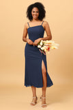 Sheath Spaghetti Straps Midi Chiffon Bridesmaid Dress with Slit