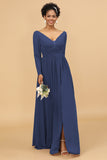 A Line V-Neck Long Sleeves Chiffon Bridesmaid Dress with Slit