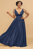 A Line Deep V-Neck Backless Floor Length Bridesmaid Dress