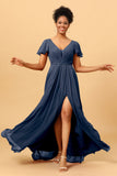 A-Line V Neck Ruched Long Chiffon Bridesmaid Dress with Slit