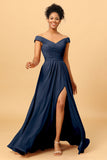 A Line Off the Shoulder Ruched Long Chiffon Bridesmaid Dress with Slit