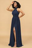 A Line Halter Ruched Floor Length Chiffon Bridesmaid Dress with Slit