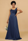 A Line Asymmetrical Neck Satin Floor Length Bridesmaid Dress