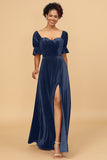 A Line Sweetheart Flare Sleeves Velvet Bridesmaid Dress with Slit