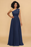 A Line One Shoulder Long Chiffon Bridesmaids Dress with Ruffles