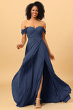 A Line Off the Shoulder Ruched Chiffon Bridesmaid Dress with Slit