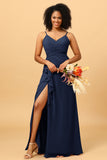 A Line Spaghetti Straps V Neck Chiffon Ruffled Long Bridesmaid Dress with Slit