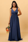 A Line V Neck Pleated Floor Length Long Chiffon Bridesmaid Dress