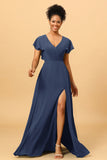 A Line V-Neck Ruched Chiffon Bridesmaid Dress with Slit