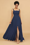 Sheath Square Neck Floor Length Chiffon Bridesmaid Dress