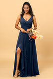 A Line V Neck Floor Length Chiffon Bridesmaid Dress With Slit