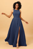 A Line High Neck Pleated Long Chiffon Bridesmaid Dress with Ruffles