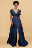 A Line V-Neck Floor Length Chiffon Bridesmaid Dress with Slit