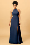 Sheath Halter Floor Length Open Back Chiffon Bridesmaid Dress with Slit