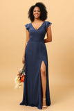 A Line V Neck Strapless Long Chiffon Bridesmaid Dress With Slit