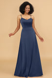 A Line Spaghetti Straps Floor Length Satin Bridesmaid Dress