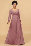 Long Sleeves V-Neck Chiffon Bridesmaid Dress with Bowknot