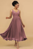 A Line Spaghetti Straps Long Chiffon Bridesmaid Dress with Ruffles