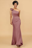 Mermaid One Shoulder Satin Long Bridesmaid Dress With Bowknot