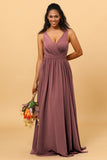 A Line V Neck Pleated Floor Length Long Chiffon Bridesmaid Dress