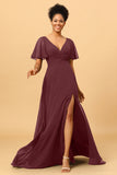 A Line V-Neck Long Chiffon Bridesmaid Dress with Slit