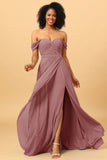 A Line Off the Shoulder Ruched Chiffon Bridesmaid Dress with Slit