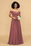 A Line Off the Shoulder Long Chiffon Bridesmaid Dress